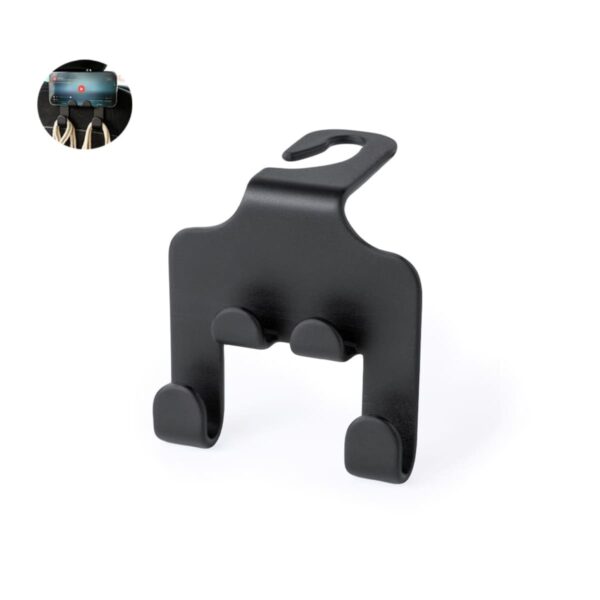 Black car seat headrest hook for hanging bags, with a small usage example shown in circle.