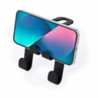 Black phone holder with two hooks, holding a smartphone with a colorful screen.