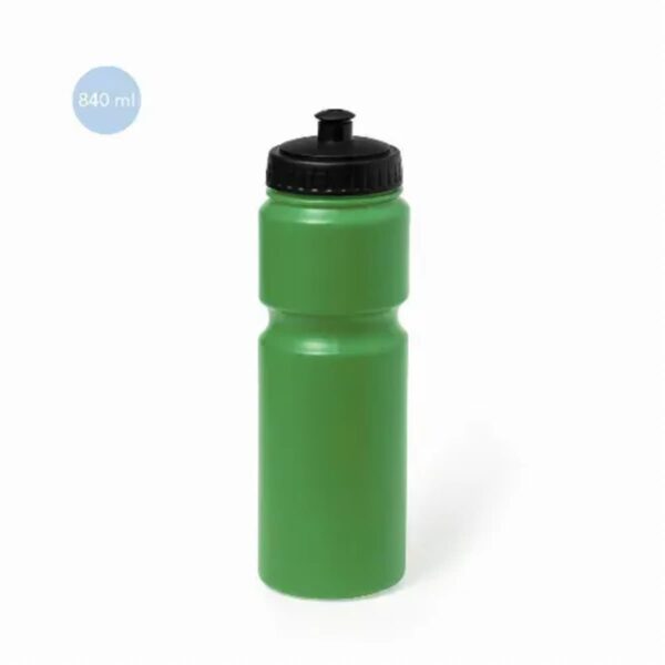 Green plastic water bottle with black lid, 840 ml capacity, on a white background.