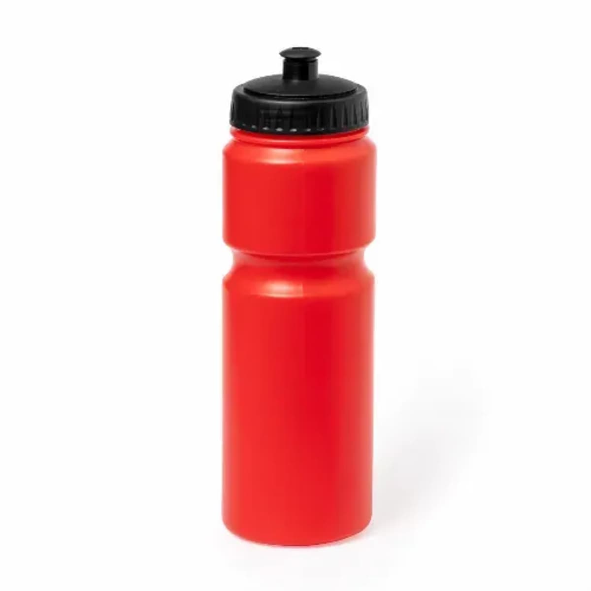 Red plastic water bottle with a black screw-on lid and spout, on a white background.