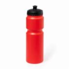 A red plastic water bottle with a black screw-on lid and spout.