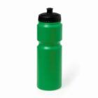 Green plastic water bottle with a black cap, standing upright on a white background.
