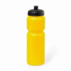 A yellow plastic water bottle with a black lid on a white background.