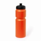 An orange plastic water bottle with a black screw-on lid and spout.
