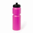 Pink plastic water bottle with a black cap on a white background.