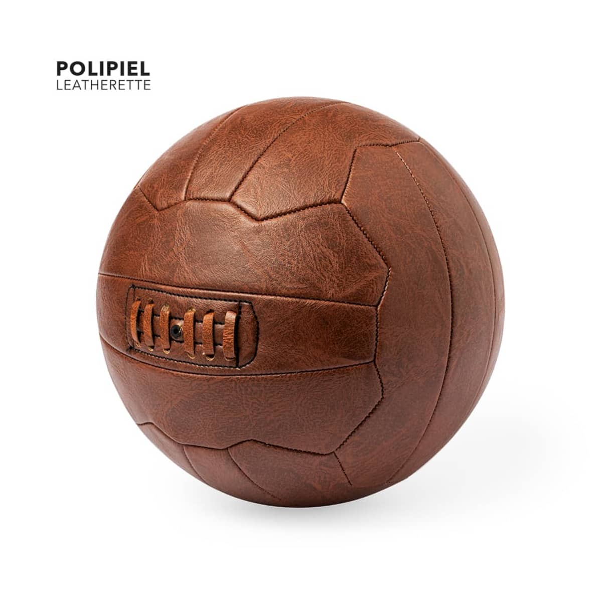 Brown leather-look vintage-style football with visible stitching on a white background.