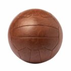 Vintage brown leather football with visible stitching on a white background.