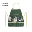 Green gardening apron with tools in pockets, including trowels, pruners, and gloves.