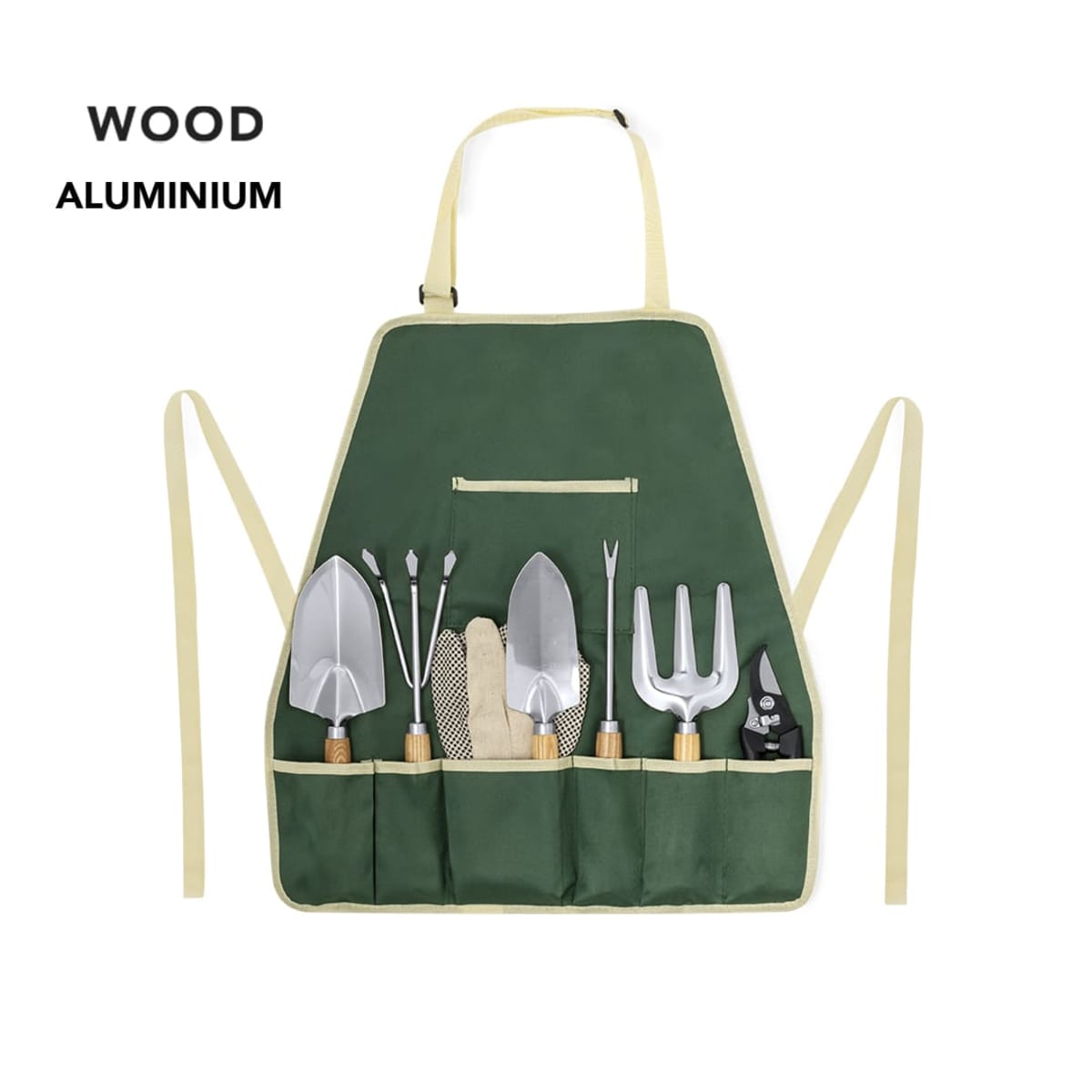 Green gardening apron with tools in pockets, including trowels, pruners, and gloves.