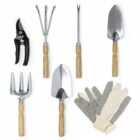 Six gardening tools and a pair of gloves arranged on a white background.