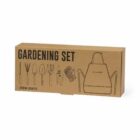 Brown box labeled Gardening Set with outlines of tools, gloves, and a gardening apron.
