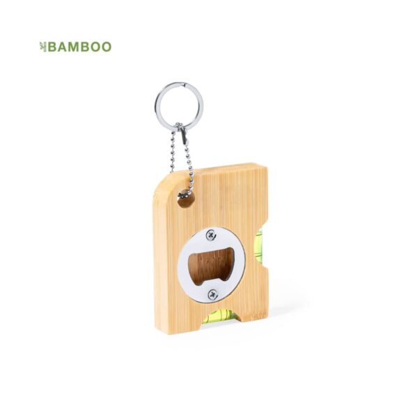 Square bamboo bottle opener keychain with metal opener and keyring on a white background.