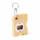 Keychain bottle opener with wooden body and built-in bubble level.