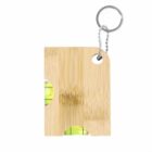 Square bamboo keychain with two built-in bubble levels and a metal key ring.
