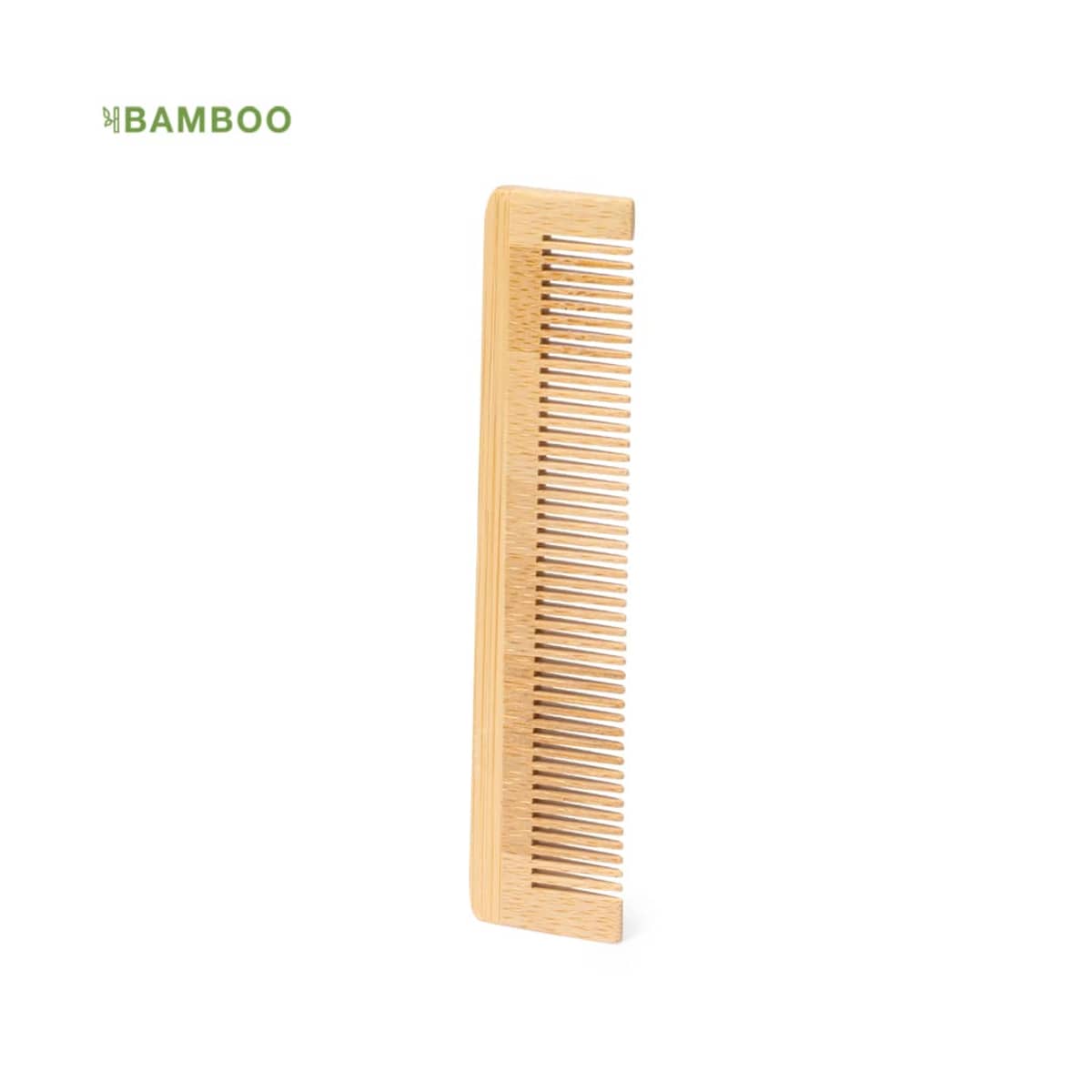 A bamboo comb with fine teeth standing upright on a white background.