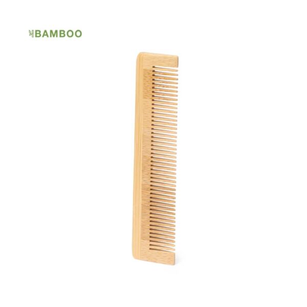 A bamboo comb with fine teeth on a white background, BAMBOO text in the corner.