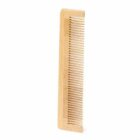 A wooden comb with fine and wide teeth, standing upright on a white background.