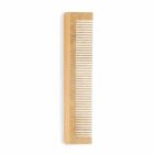 A wooden comb with evenly spaced teeth, shown vertically on a white background.