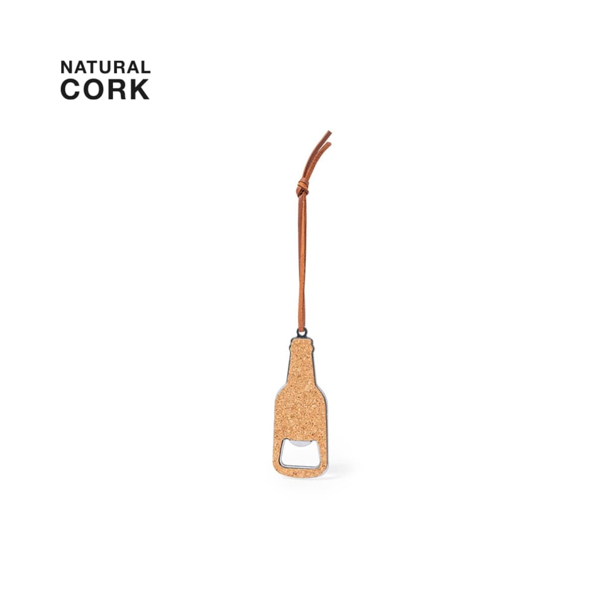 Cork bottle opener keychain with a leather strap, labeled NATURAL CORK on white background.