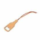 Bottle-shaped cork bottle opener with a brown leather strap attached.