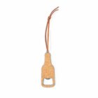 Bottle-shaped cork bottle opener with a brown string loop attached at the top.