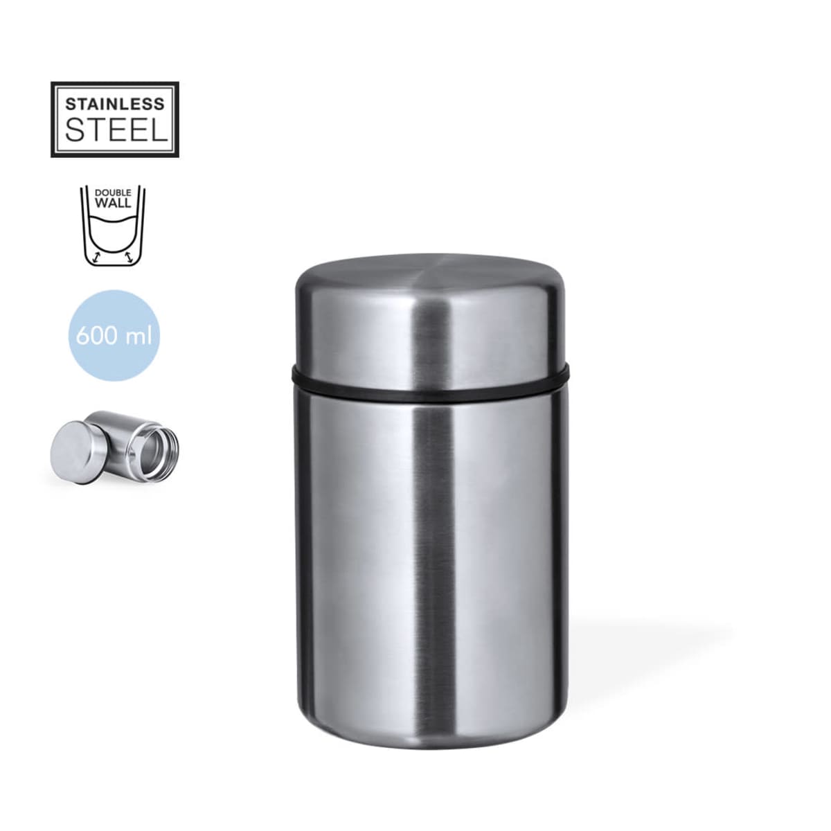Stainless steel double-wall container, 600 ml, with a removable lid.