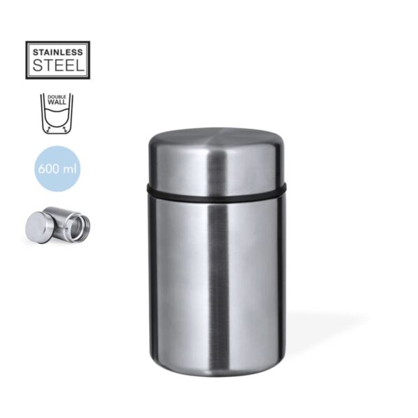 Stainless steel double wall container, 600 ml capacity, with lid.