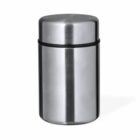 Stainless steel cylindrical container with a lid and a black band around the top.