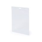 Clear plastic badge holder with holes for attaching a lanyard, shown against a white background.