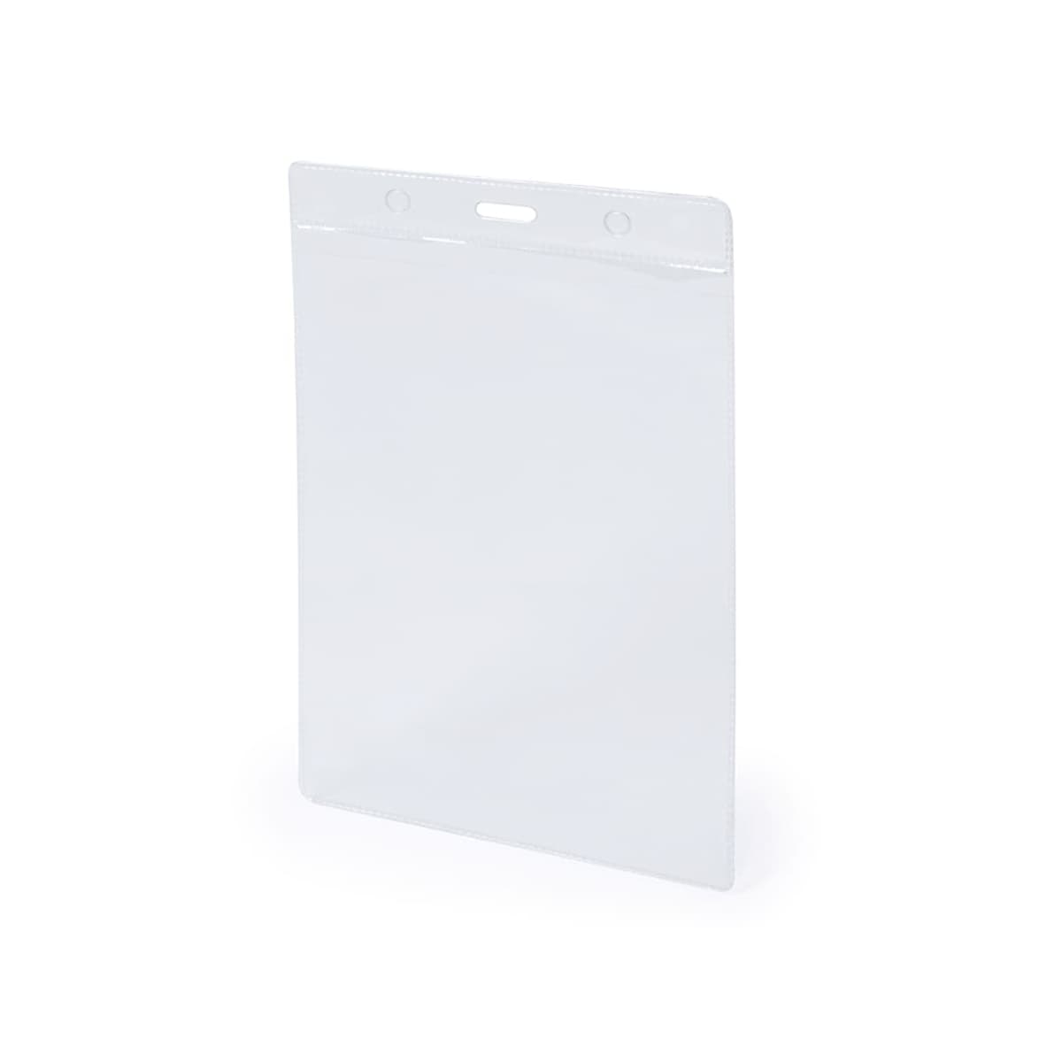 Clear plastic badge holder with holes for attaching a lanyard, shown against a white background.