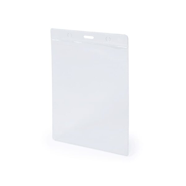 Clear plastic badge holder with holes for attaching a lanyard, shown on a white background.