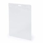 Clear plastic badge holder with a slot for a lanyard, standing upright on a white background.