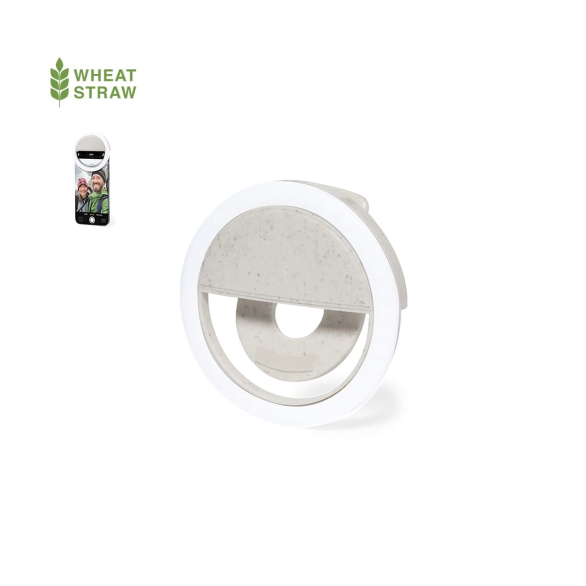 Round white clip-on selfie light made from wheat straw, shown attached to a phone.