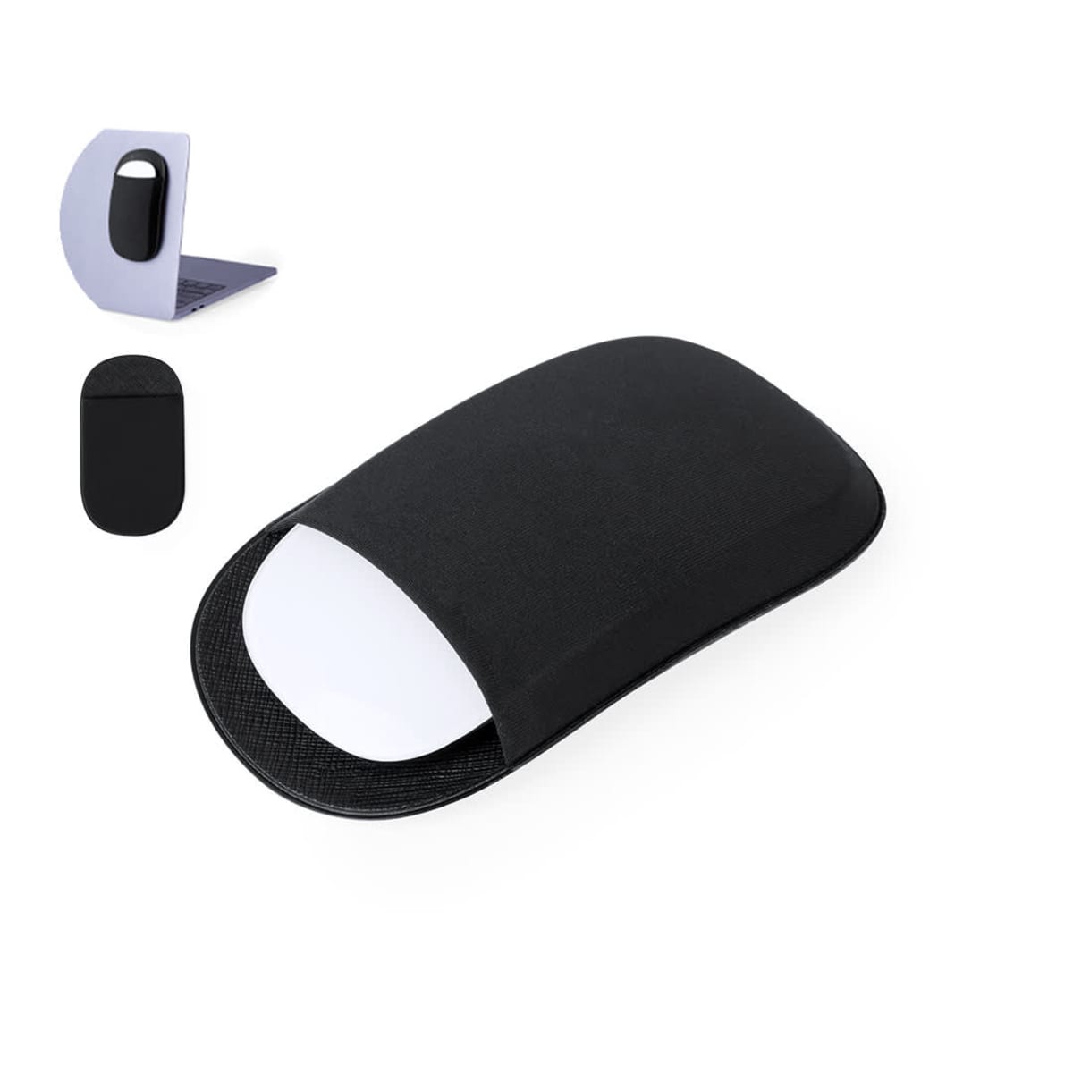 Black mouse sleeve with a white mouse inside, and two smaller views of the sleeve.