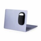 A laptop with a black pouch attached to the back of its screen.