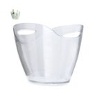 Clear plastic ice bucket with two handles; small inset shows it holding a wine bottle and ice.