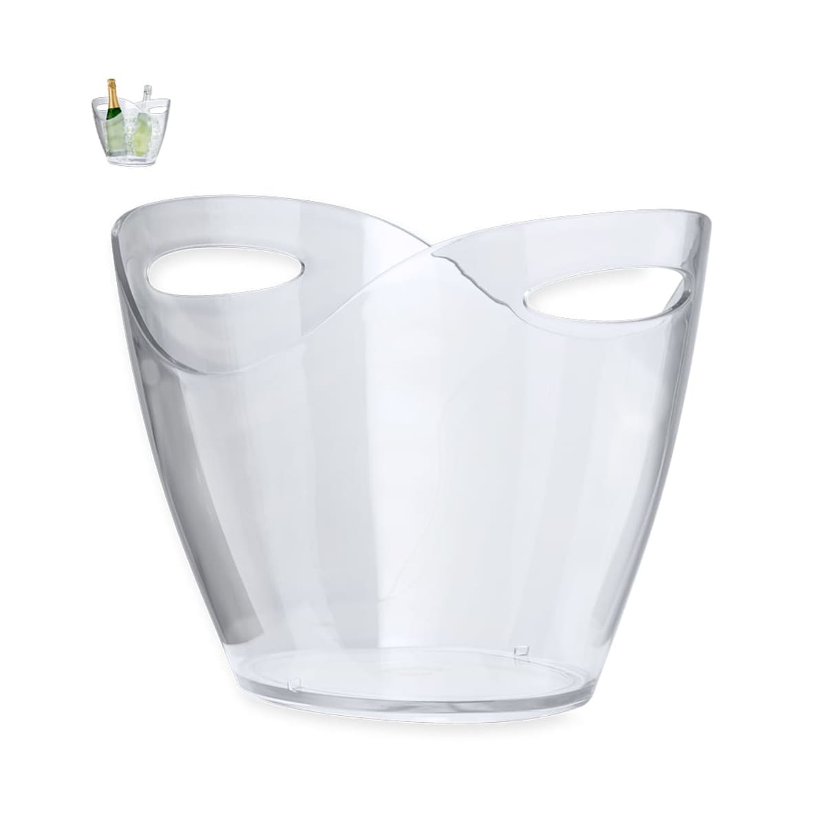 Clear plastic ice bucket with two handles; small inset shows it holding a wine bottle and ice.