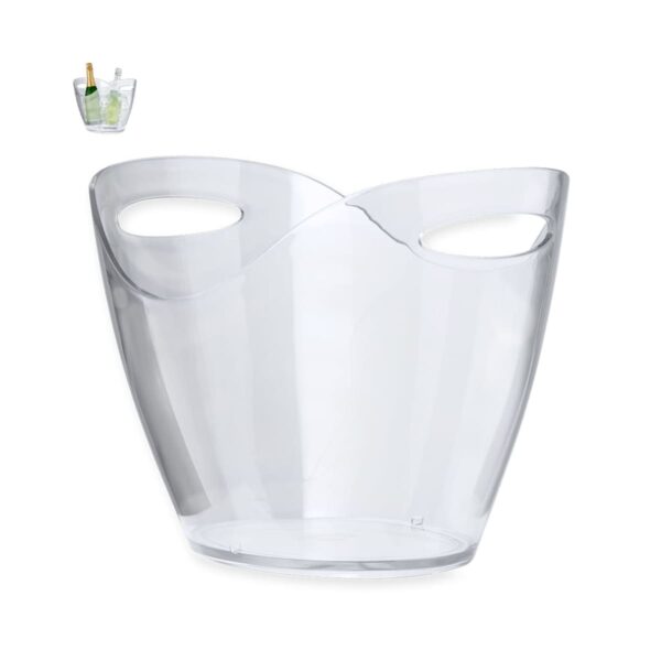 Clear plastic ice bucket with side handles, shown empty and in use with drinks in the corner.