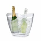 Two wine bottles in a clear ice bucket filled with ice cubes, on a white background.
