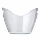 Clear plastic ice bucket with curved, flared sides on a white background.