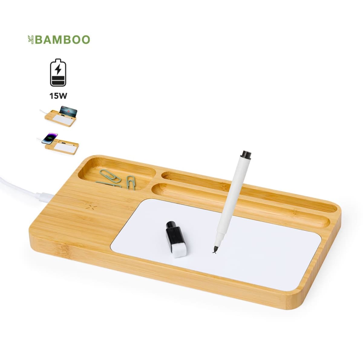 Bamboo desk organizer with pen, USB drive, paper clips, and wireless charging pad.