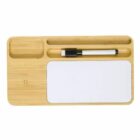 Bamboo desk organizer with a whiteboard, marker, and compartments for storage.