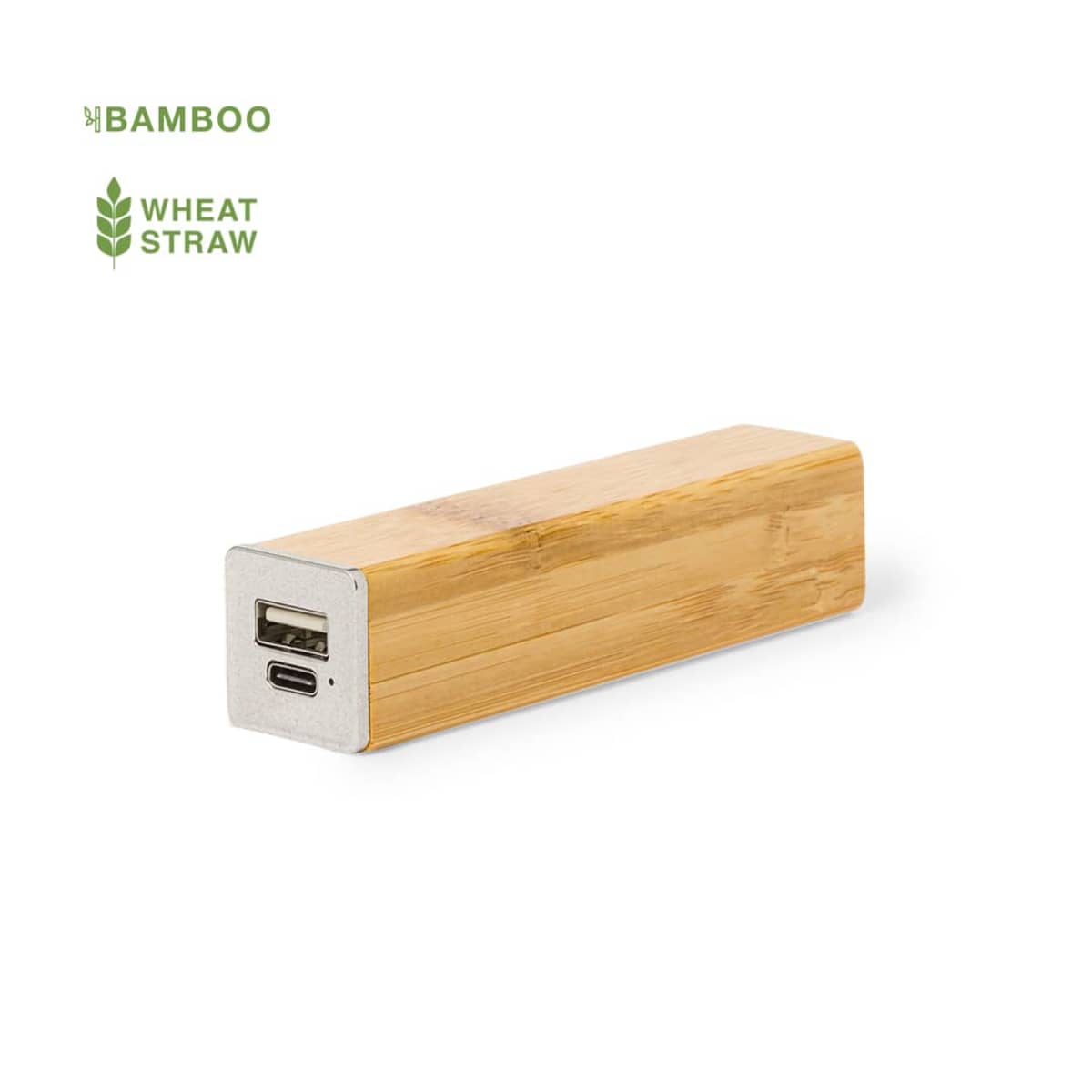 Rectangular bamboo power bank with USB ports; bamboo and wheat straw icons in corner.