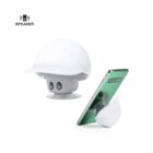 White helmet-shaped speaker with suction base, also shown holding a smartphone upright.