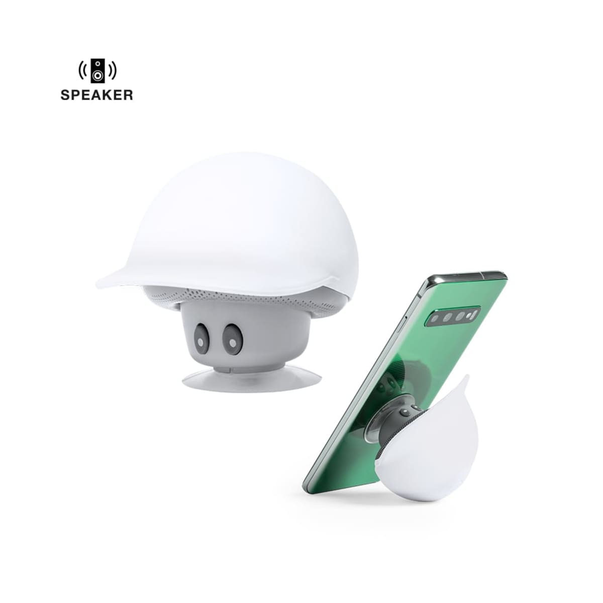 White helmet-shaped speaker with suction base, also shown holding a smartphone upright.