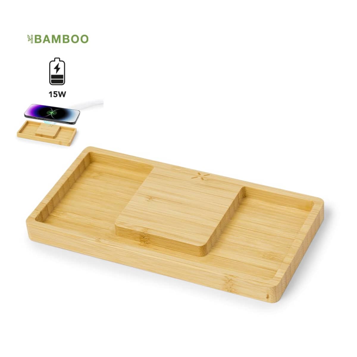 Rectangular bamboo wireless charging station with 15W power and phone holder sections.