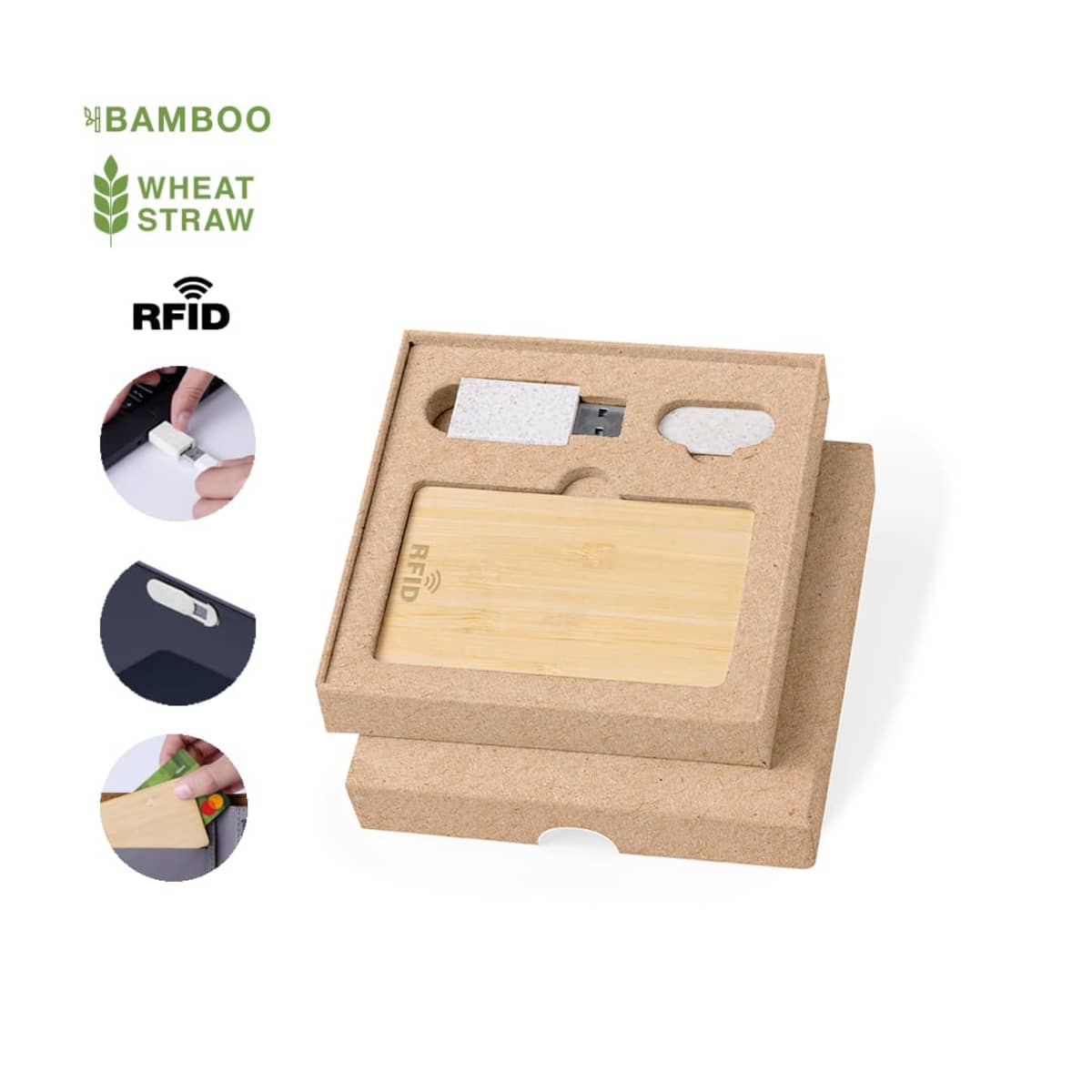 Eco-friendly RFID card and USB drive set in bamboo and wheat straw packaging.
