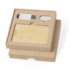 Brown cardboard box with USB stick and RFID card inside, both in separate compartments.