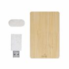 Three RFID security items: a USB drive, a small capsule, and a bamboo card on white background.