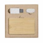 Eco-friendly gift set with USB drive, eraser, and RFID wood card in a cardboard box.